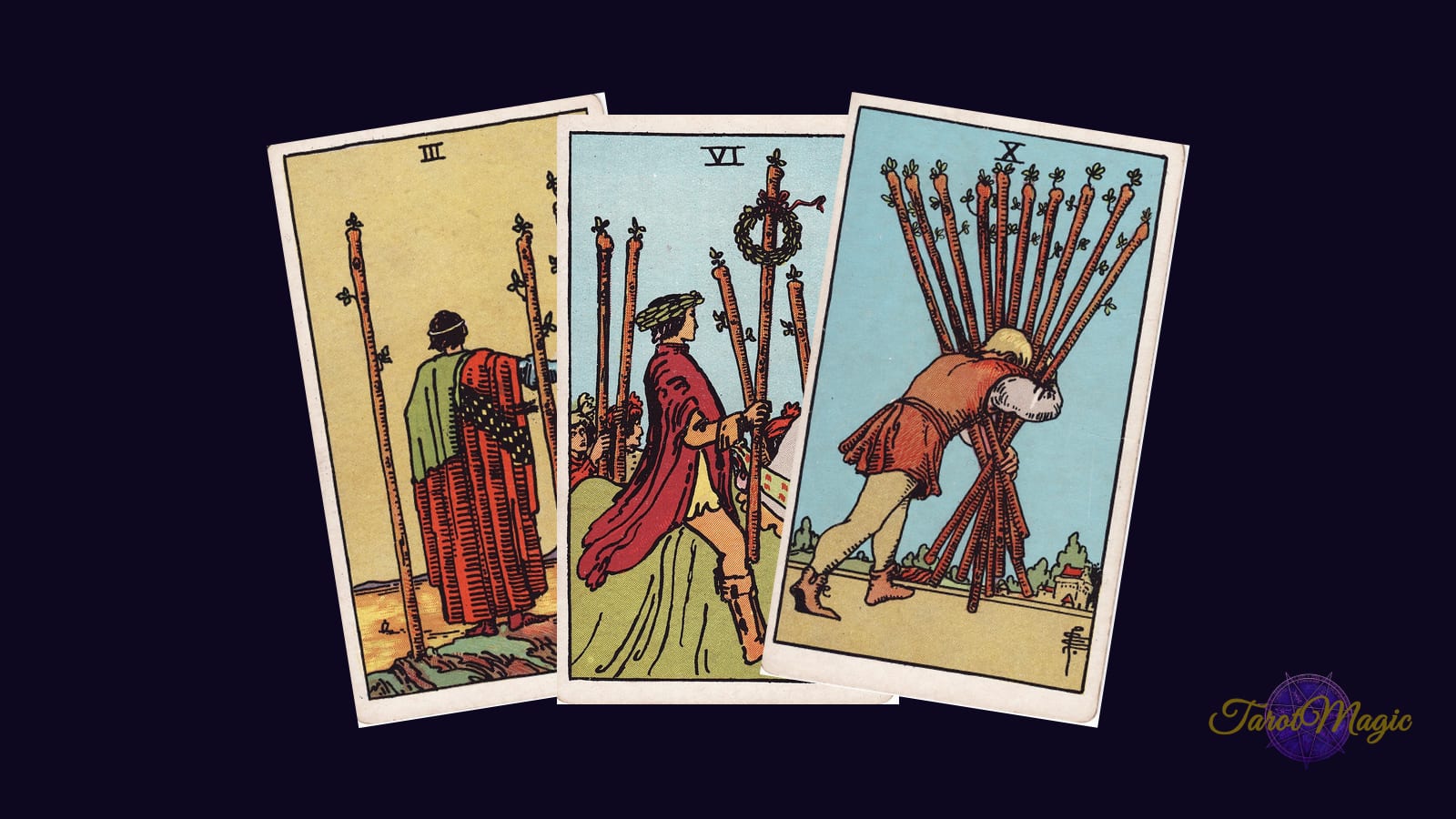 Three Tarot cards of the Wands suit — Three, Six and Ten — on a dark background