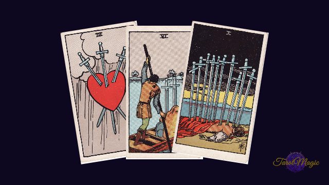 Три карти масті Мечів Таро — Трійка, Шістка і Десятка — значення масті