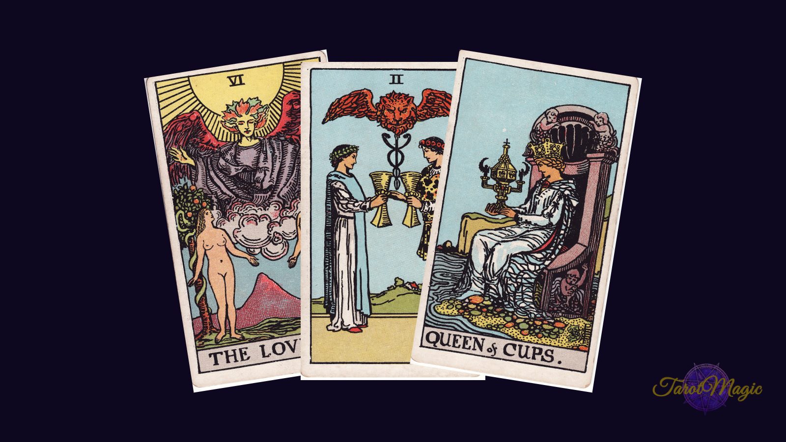 Cartes de Tarot L'Amoureux, Deux de Coupes et Reine de Coupes, les cartes de l'amour au tarot