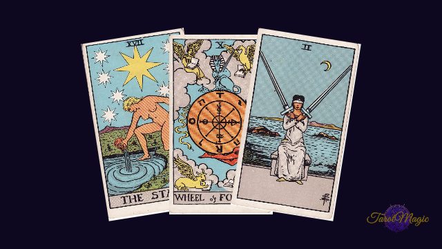 Tarot cards The Star, Wheel of Fortune and Two of Swords, yes or no questions to ask tarot